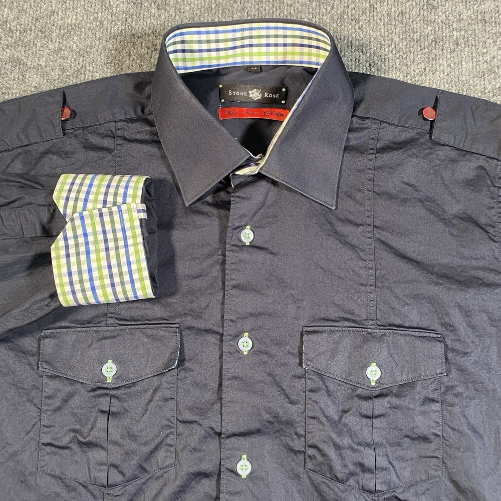 Stone Rose Red Rivet Collection Mens L Military Style Button Shirt Epaullette